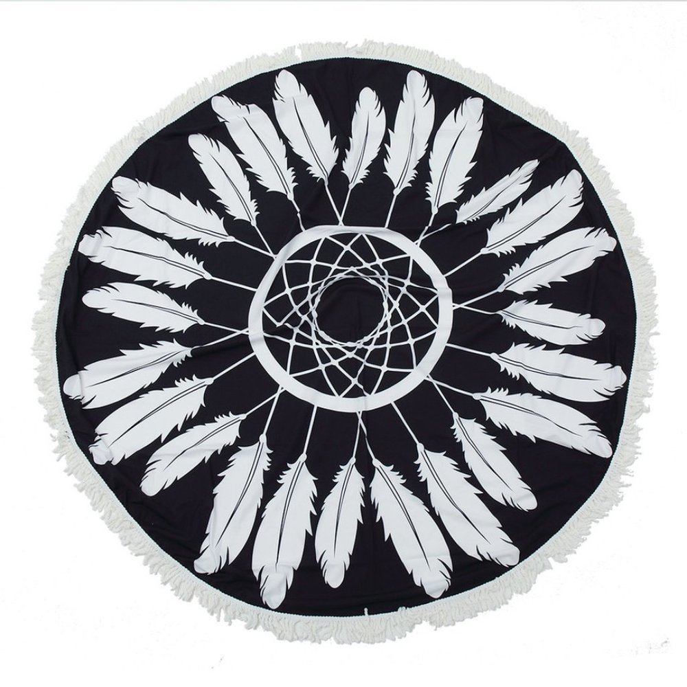 Round Black Feather Beach Towel/Mat/Picnic Blanket
